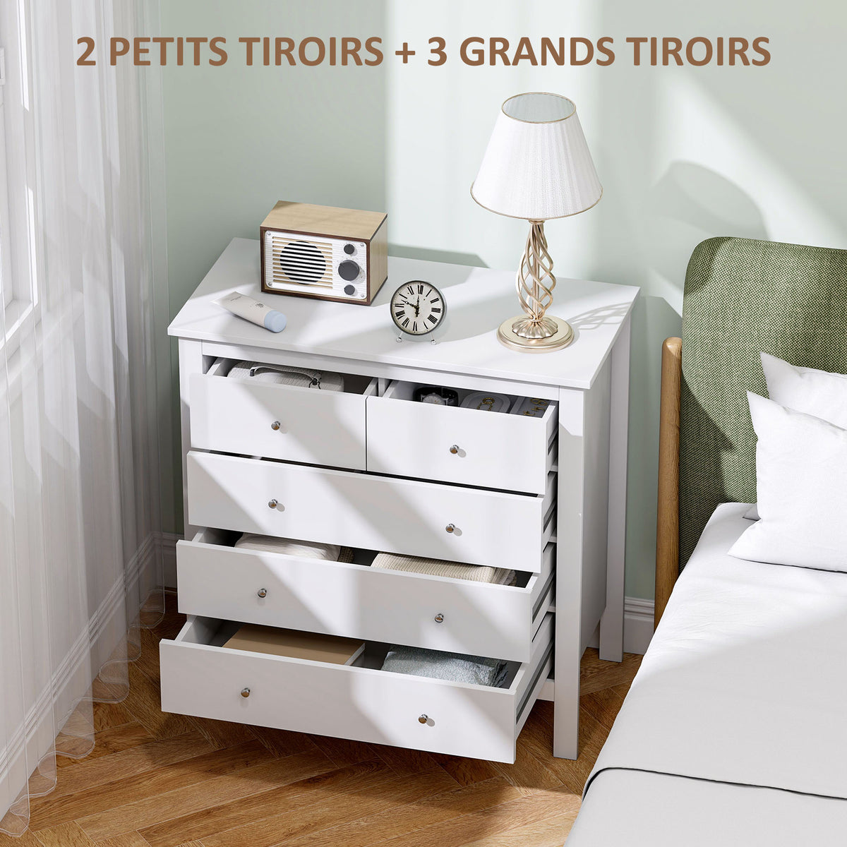 Commode à 5 tiroirs, meuble de rangement, avec poignées, glissières métalliques,  en bois, 79l x 39,5P x 80,5H cm, blanc-3