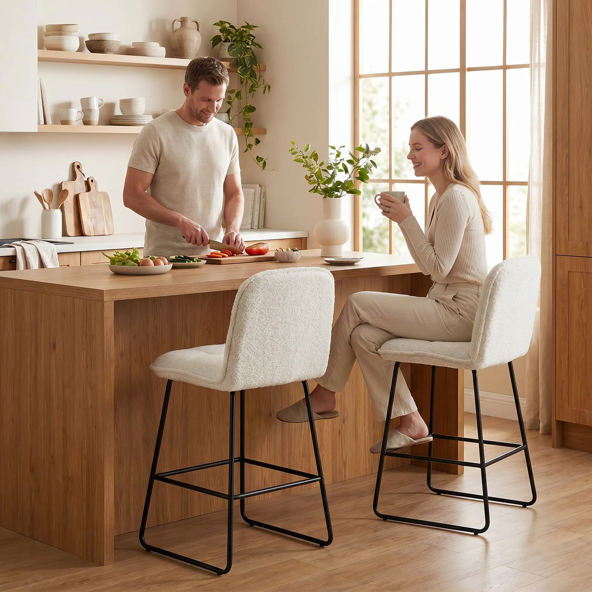 Lot de 2 Tabourets de Bar, Chaises de Bar Rembourrées en Tissu Bouclette, Extra-Large Assise 66H cm, Crème-8