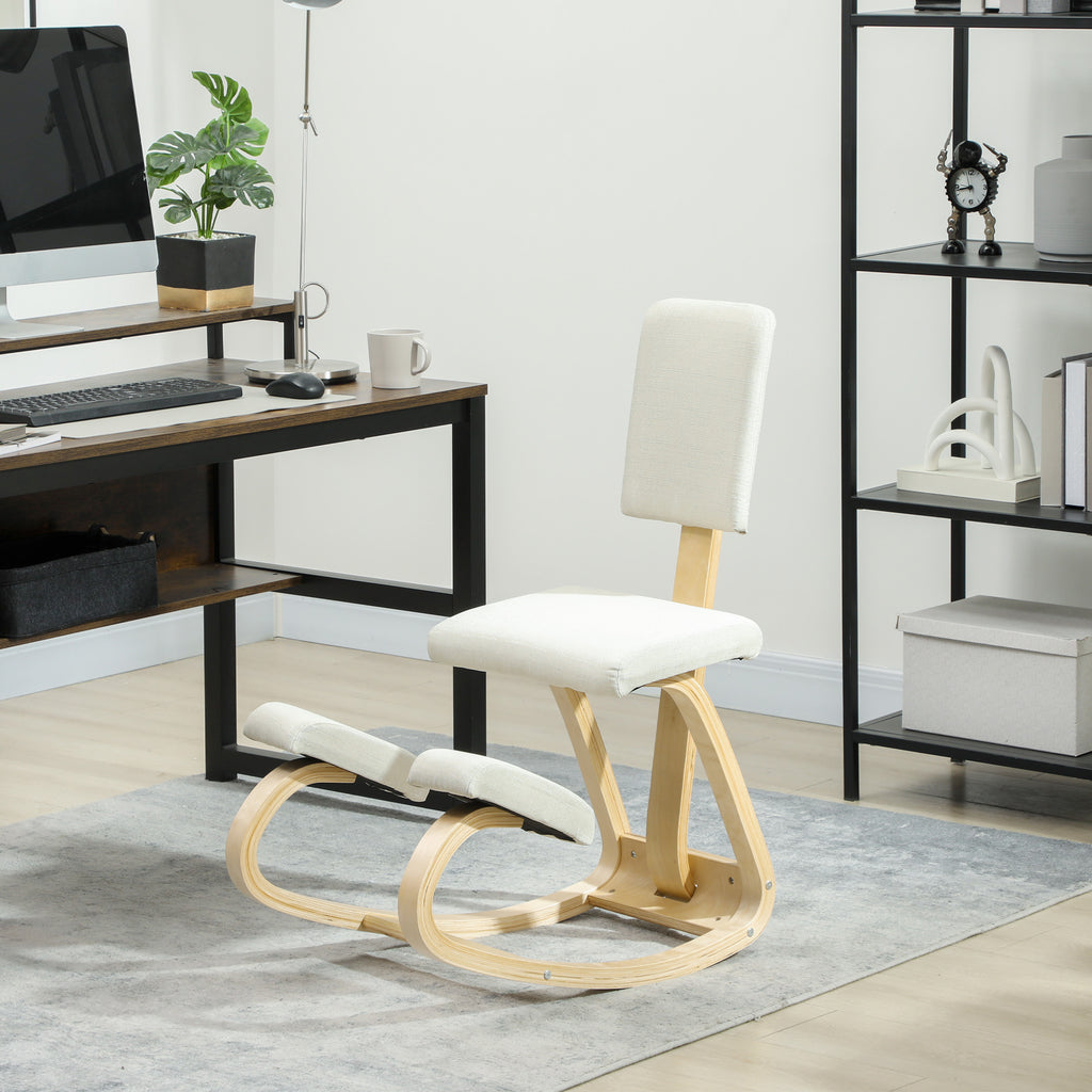 Siège assis genoux, tabouret ergonomique en bois à bascule avec dossier, chaise à genoux pour bureau à domicile, crème-9