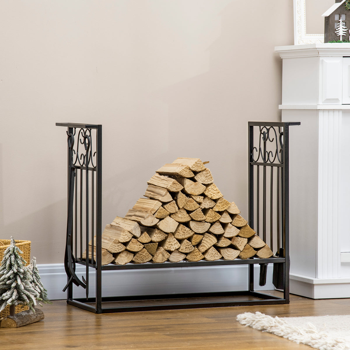 Porte-bûches range bûches étagère à bois de cheminée serviteur de cheminée multi-accessoires dim. 75L x 30l x 60H cm acier noir-8