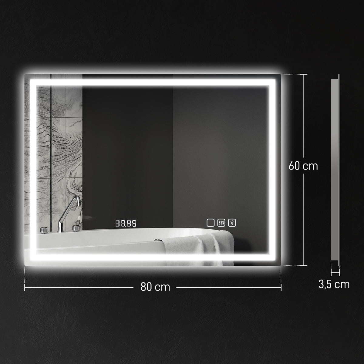 Miroir salle de bain LED bluetooth 60 x 80 cm interrupteur tactile lumière réglable 3 couleurs anti-buée mémoire argent-2
