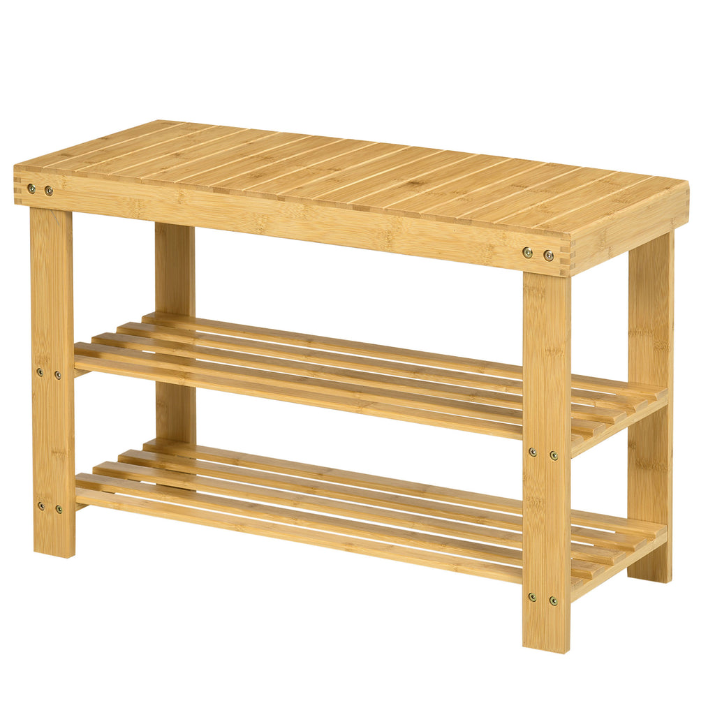 Banc avec meuble à chaussures étagères en bambou dim. 70L x 28l x 45H cm bois naturel-0