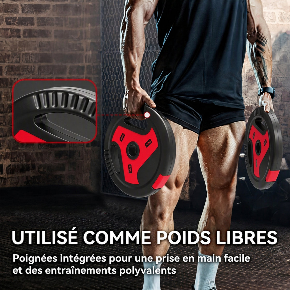 Disques de Poids 30 kg avec 3 Poignées, Disques d'Haltères 5/10 kg, Finition PP, Trous de Ø 25mm, Rouge-3