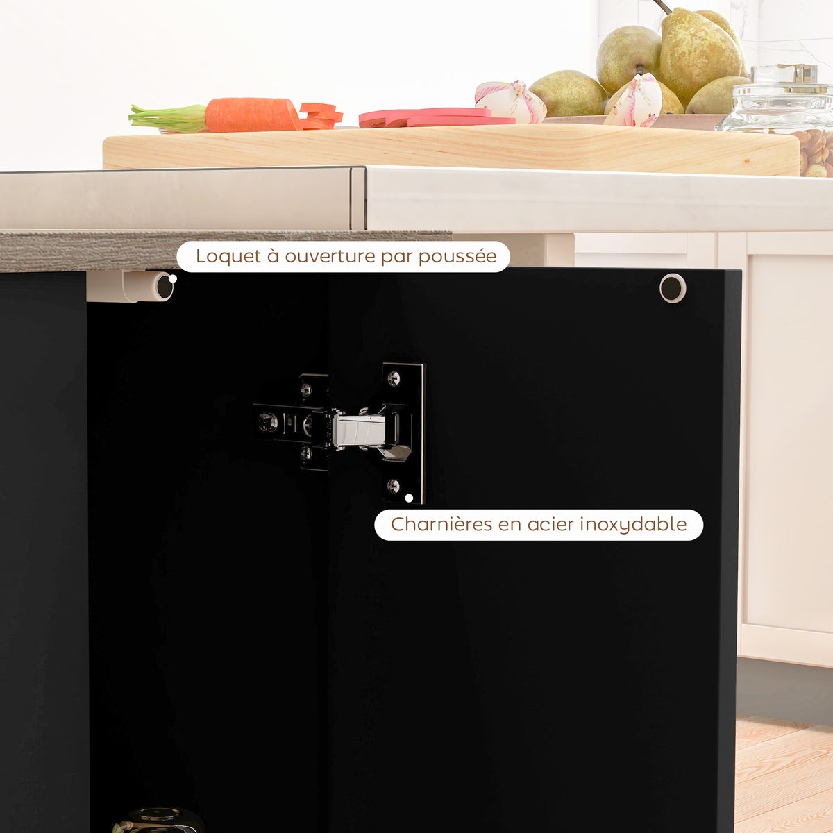 Desserte îlot de cuisine étagère réglable 2 compartiments ouverts 2 placards plan de travail effet bois 105 x 60 cm noir-6