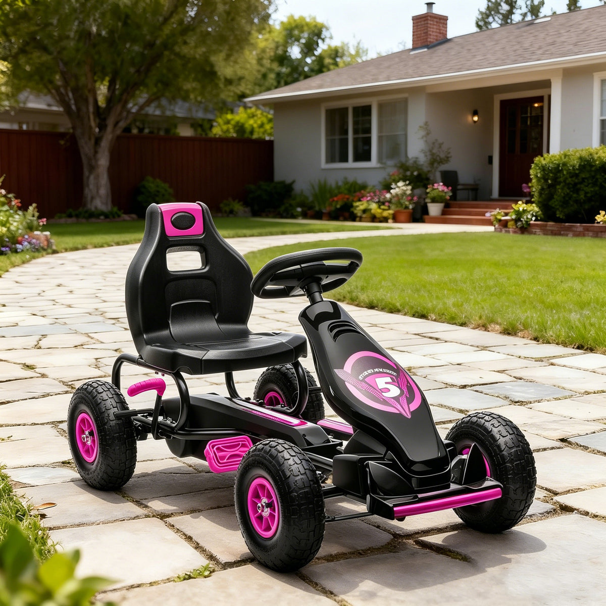 Kart à pédales pour enfant siège réglable 3 positions frein à main enfant de 5 à 12 ans rose noir-1