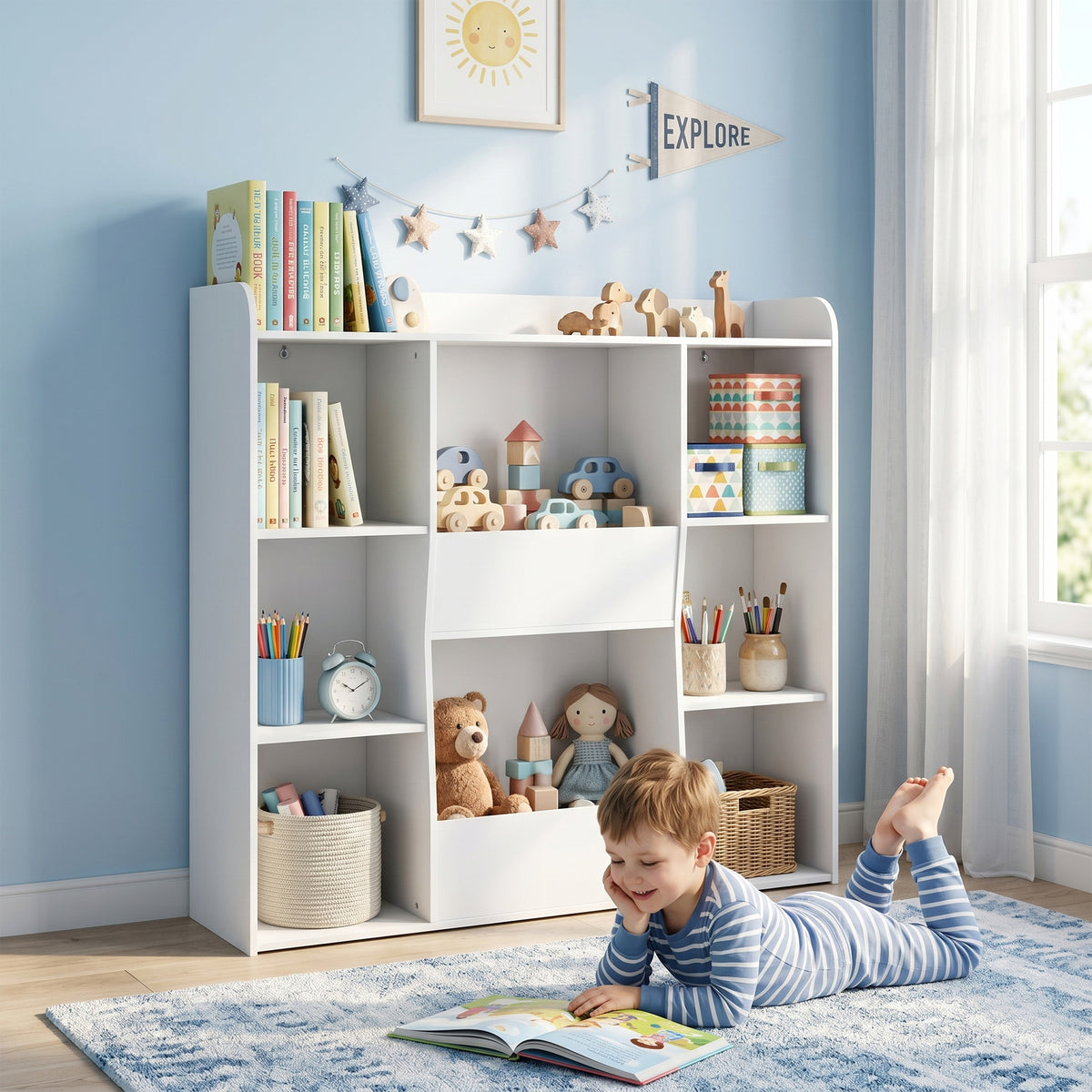 Meuble rangement enfant, bibliothèque enfants avec 8 compartiments et étagère supérieure, 104 x 29 x 101,5 cm, blanc-8