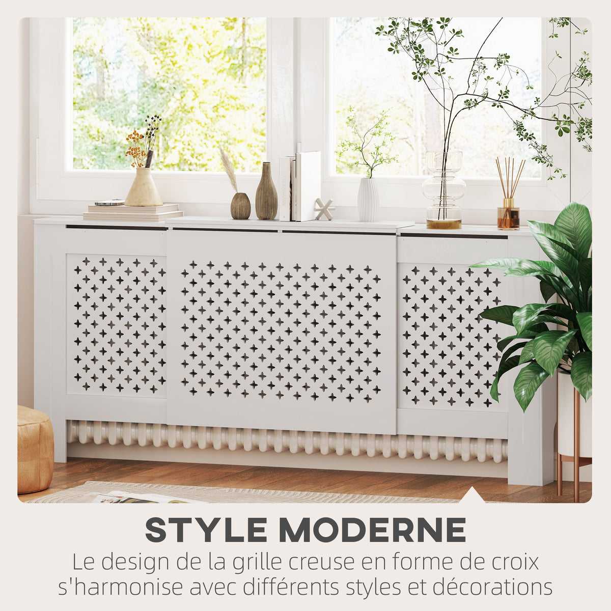 Cache-radiateur réglable Design Contemporain Longueur Extensible 136-200 x 21,5 x 91,7 cm Blanc-4
