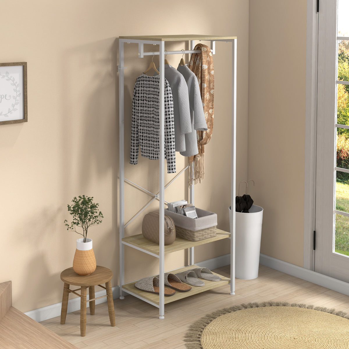 Porte-Manteaux avec tringle et 2 étagère à chaussures 60L x 40l x 167,5H cm Aspect bois Clair métal Blanc-1