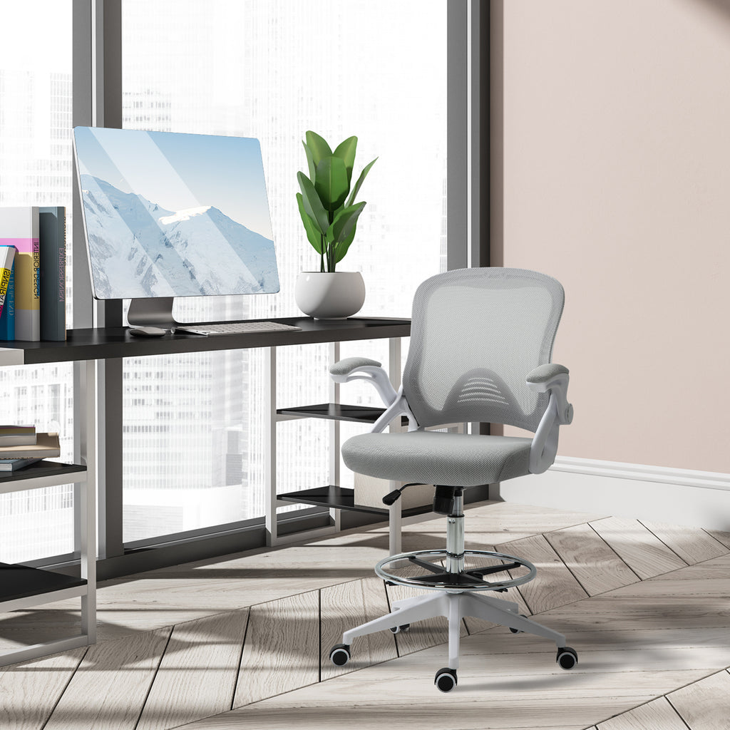 Fauteuil de bureau chaise de bureau assise debout hauteur réglable repose-pieds gris et blanc-8