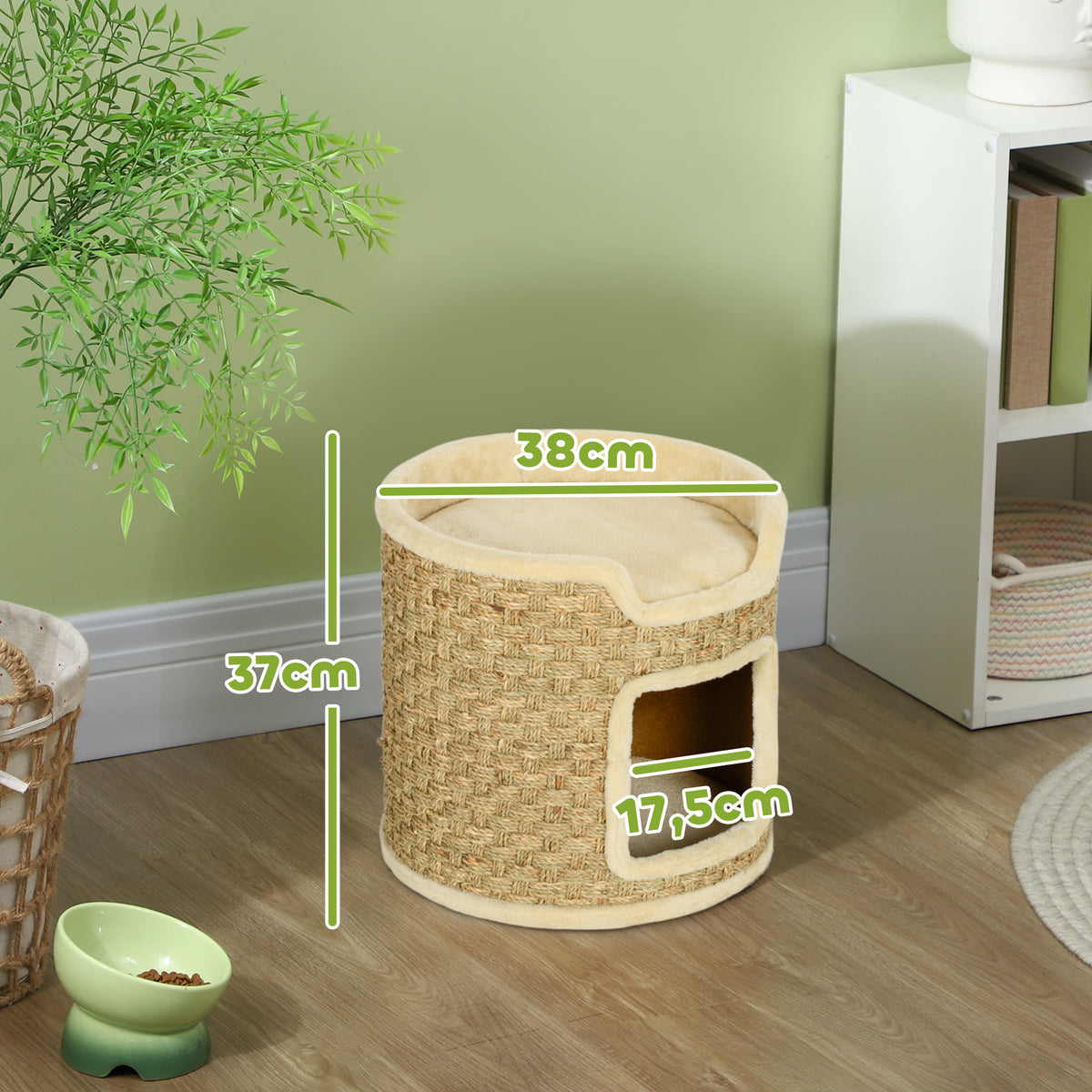 Tonneau à gratter pour chat, tonneau à chat, recouvert de peluche, capacité de 5 kg, Ø 38 x 37H cm kaki et beige-2