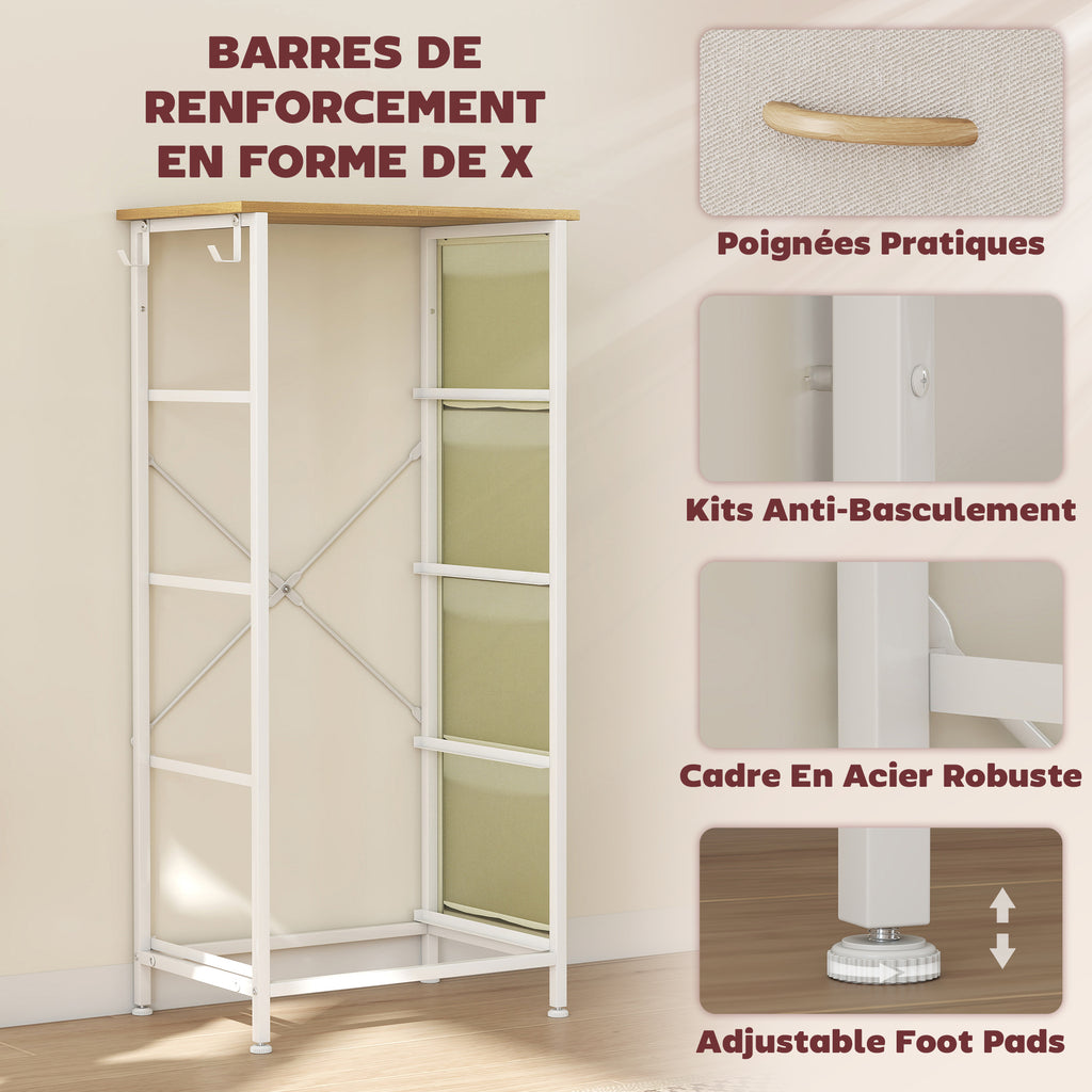 Commode 4 tiroirs en tissu, meuble de rangement avec 4 poches, 2 crochets, structure en acier, 45 x 30 x 94,5 cm, beige-5