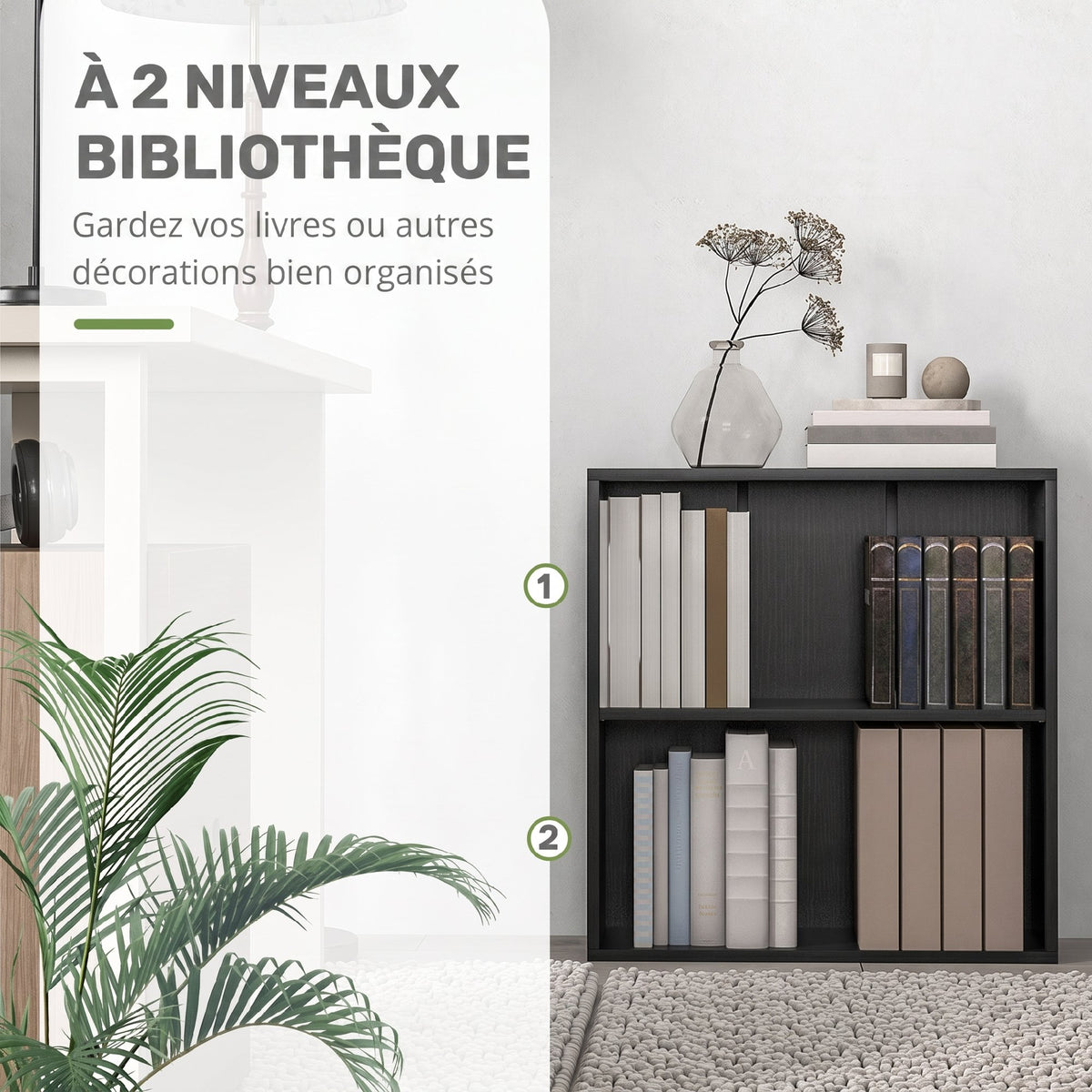 Bibliothèque étagère de rangement avec 2 compartiments et étagère réglable, 60 x 24 x 63 cm, noir-4