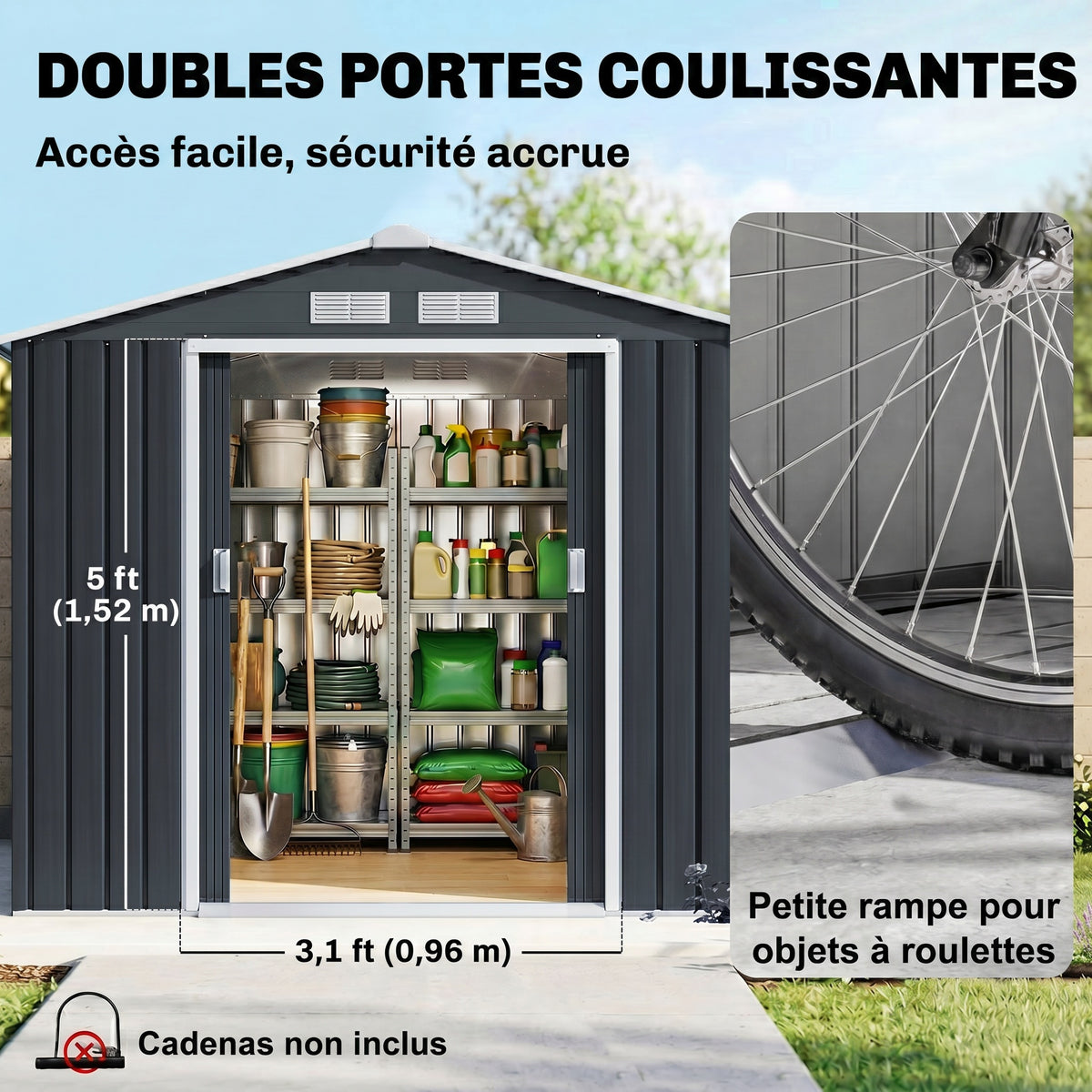 Abri de Jardin 2,42 m² - Remise pour Outils avec Fondation - cabanon Porte verrouillable - tôle d'acier Gris-4
