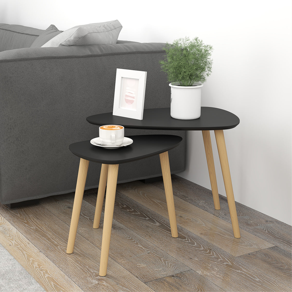 Lot de 2 tables basses gigognes design scandinave pieds en bois et plateau en bois, noir-1
