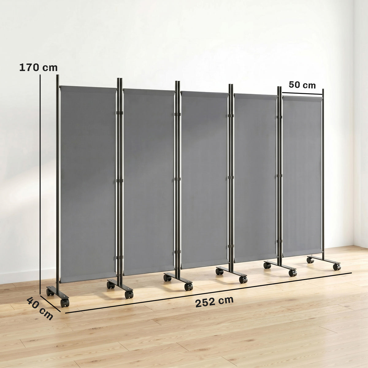 Paravent 5 Panneaux 252x170cm, Paravent Pliant avec 12 Roulettes et Clips de Connexion, Acier et Polyester, Gris Foncé-2
