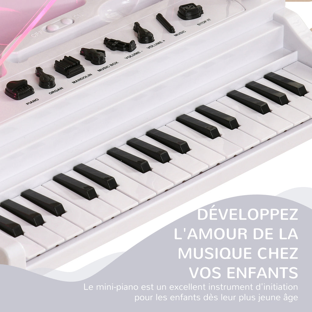 Piano enfant électronique 32 touches multifonctions avec micro haut parleur tabouret couvercle lumineux LED blanc-7