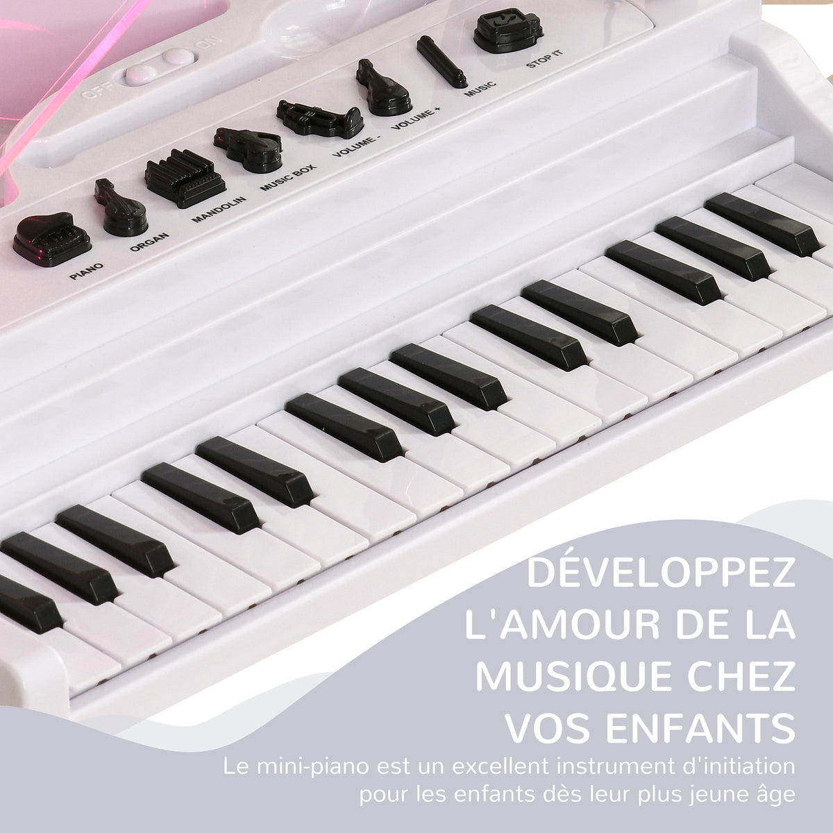 Piano enfant électronique 32 touches multifonctions avec micro haut parleur tabouret couvercle lumineux LED blanc-7