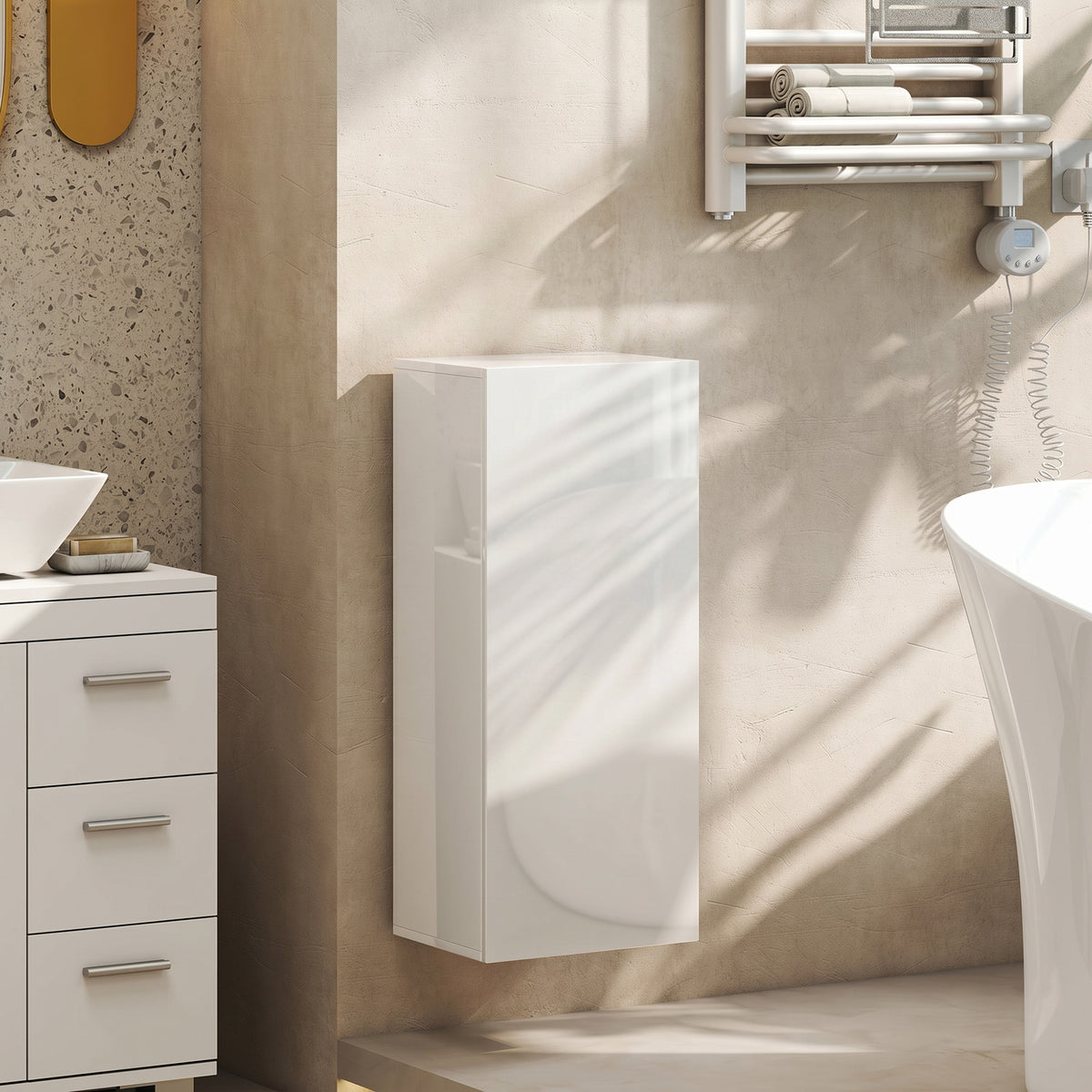 Meuble Mural de Salle de Bain, Étagère Réglable en Verre Trempé, Porte sans Poignée, Moderne, 30x23,4x71,2cm, Blanc-1