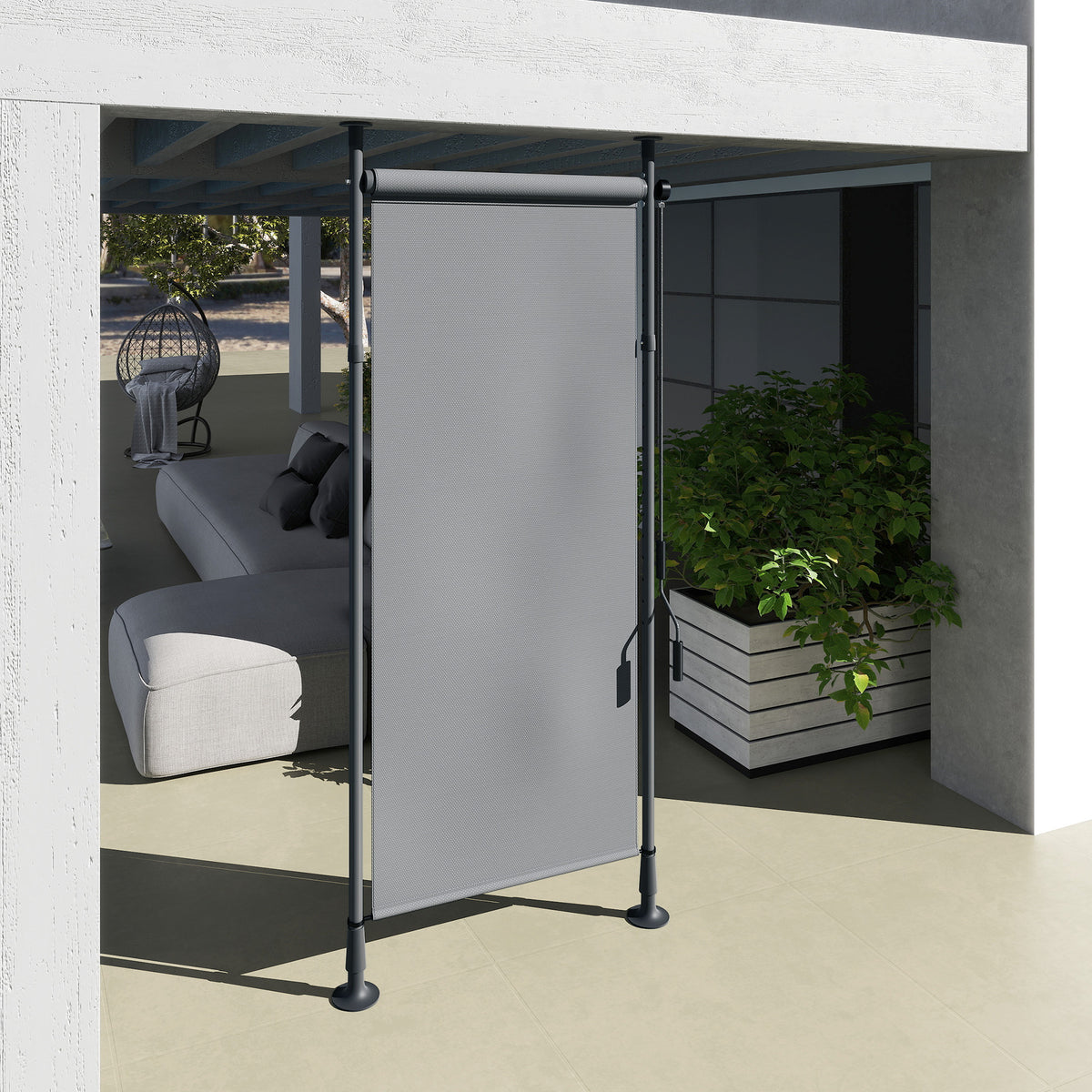 Store manuel rétractable sur pied longueur réglable manivelle installation sans perçage métal alu. polyester gris foncé-7