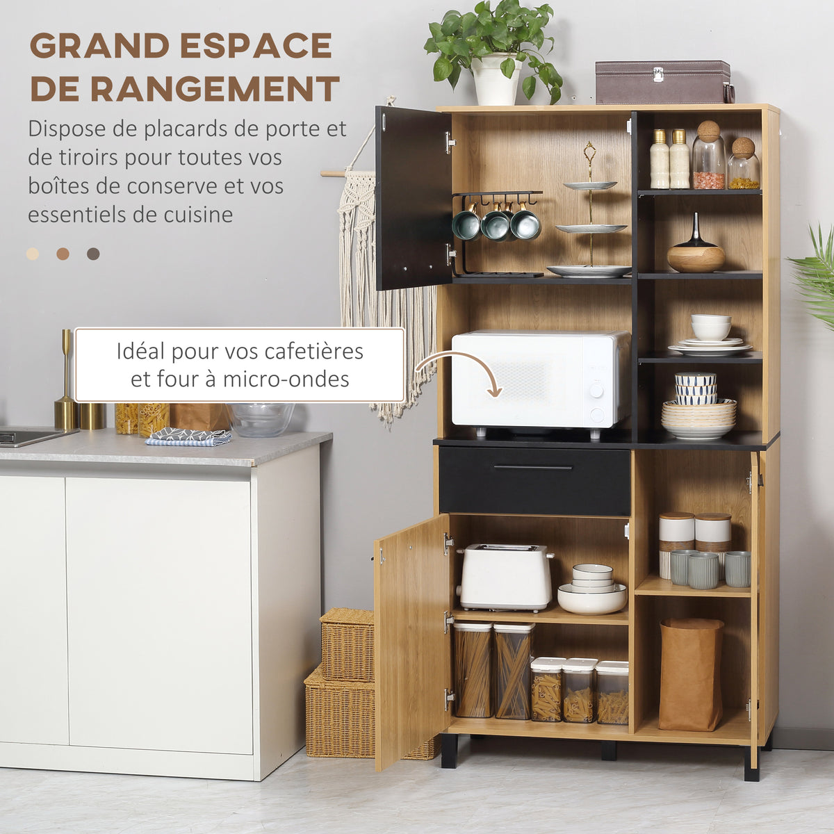 Armoire de cuisine multi-rangements avec tiroir 3 placards 4 niches et passe-câbles hauteur 180 cm noir et bois naturel-3