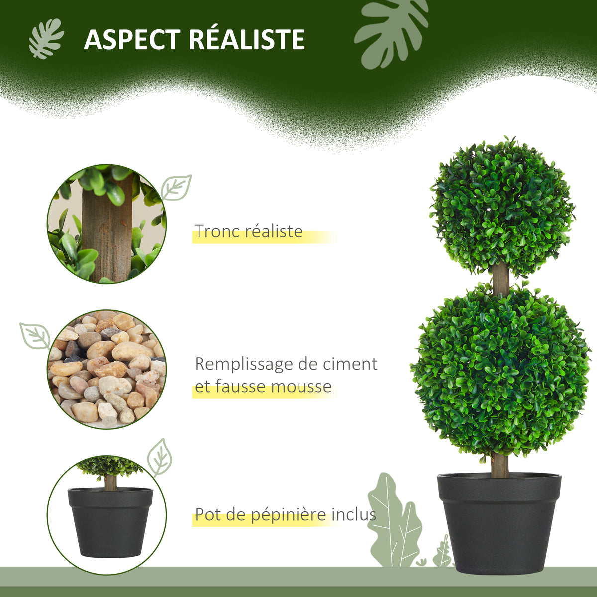Lot de 2 arbres buis artificiel double boules avec tronc et pot inclus - hauteur 60 cm vert-3