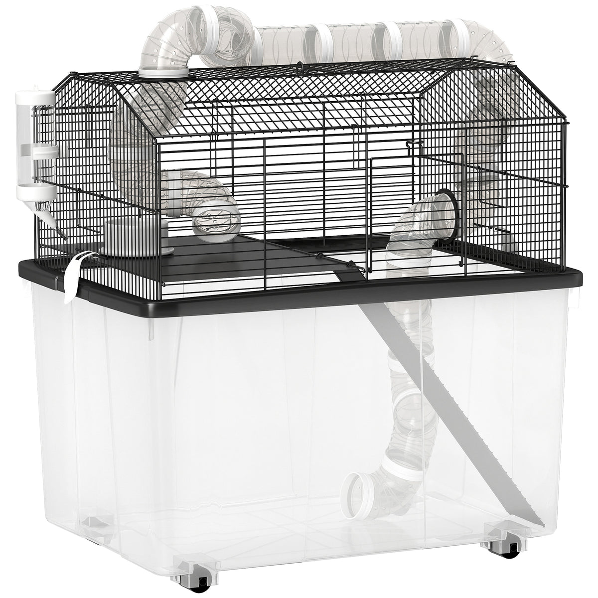 Cage pour hamster portable cage pour hamster avec rampe, gamelle, bouteille d'eau système de tuyaux 58 x 43 x 57 cm noir-0