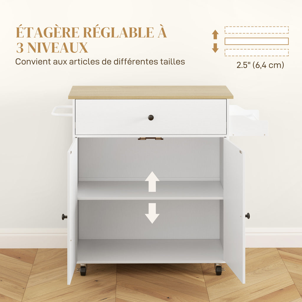 Desserte de cuisine sur roulettes, Îlot central cuisine - tiroir, étagère réglable, support à épices et porte-serviette-5