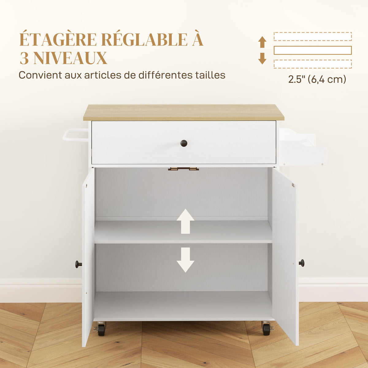 Desserte de cuisine sur roulettes, Îlot central cuisine - tiroir, étagère réglable, support à épices et porte-serviette-5