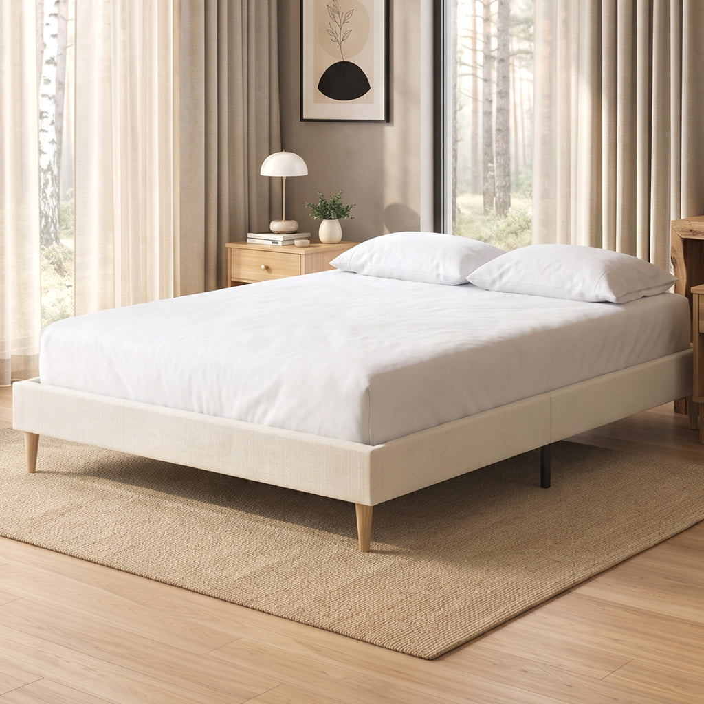 Cadre de Lit 140 x 190 cm avec Sommier, Lit Double Rembourré en Velours Côtelé, Espace de Rangement Au-Dessous, Crème-8