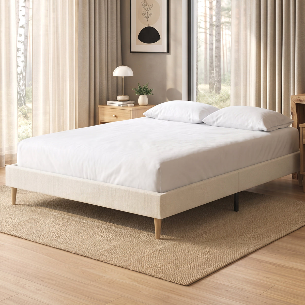 Cadre de Lit 140 x 190 cm avec Sommier, Lit Double Rembourré en Velours Côtelé, Espace de Rangement Au-Dessous, Crème-8
