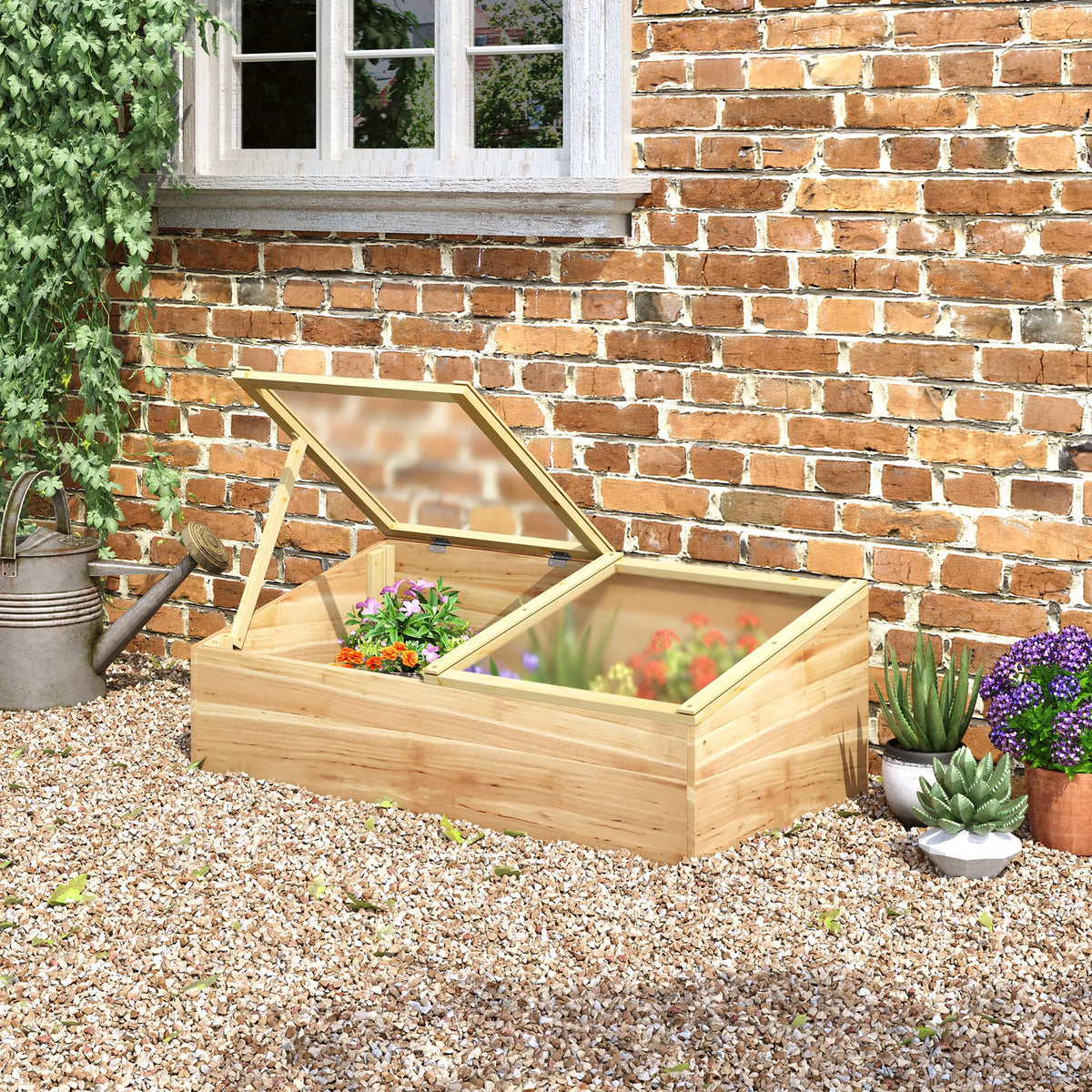 Mini Serre de Jardin Serre pour semis dim. 100L x 50l x 36H cm Toit 2 pans ouvrables séparemment Panneaux de Polycarbonate Bois Sapin pré-huilé-6