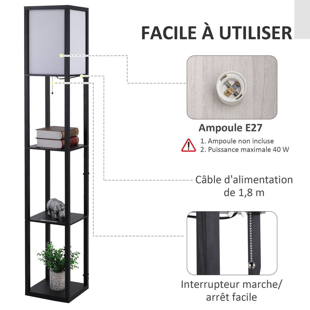 Lampadaire étagère 26L x 26l x 160H cm 3 étagères 4 Niveaux MDF Noir-4