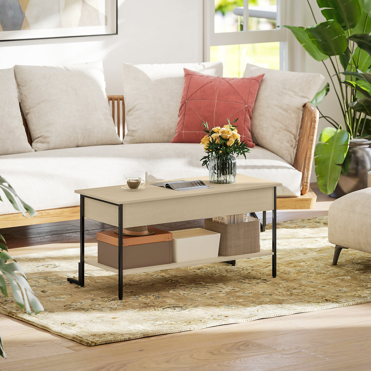 Table basse avec plateau relevable, table de salon avec compartiment caché et étagère ouverte, 95x40x59cm, bois naturel-7