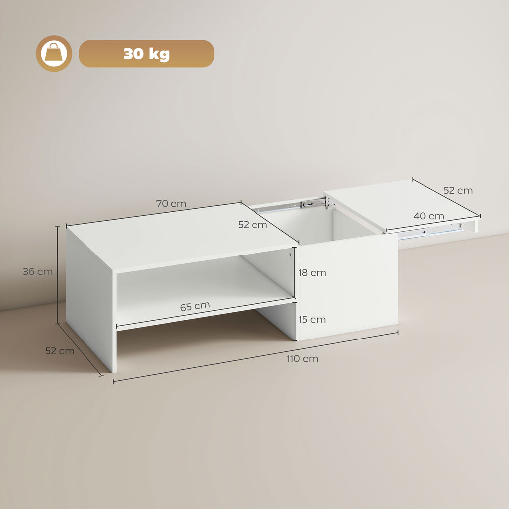 Table basse rectangulaire, table d'appoint plateau coulissant, rangement caché, étagère ouverte, 110 x 52 x 36 cm, blanc-2