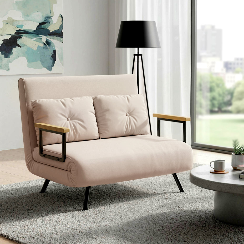 Canapé convertible 2 places avec dossier réglable à 5 niveaux et 2 coussins rembourrés, revêtement effet velours, beige-1
