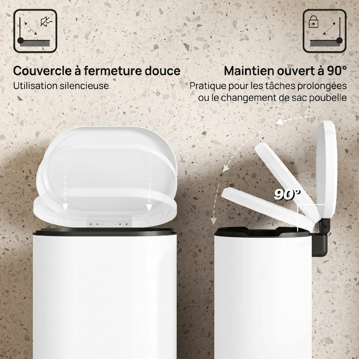 Poubelle cuisine 30L, poubelle à pédale, seau intérieur amovible, couvercle à fermeture douce, 36,5x31x61cm, blanc-4
