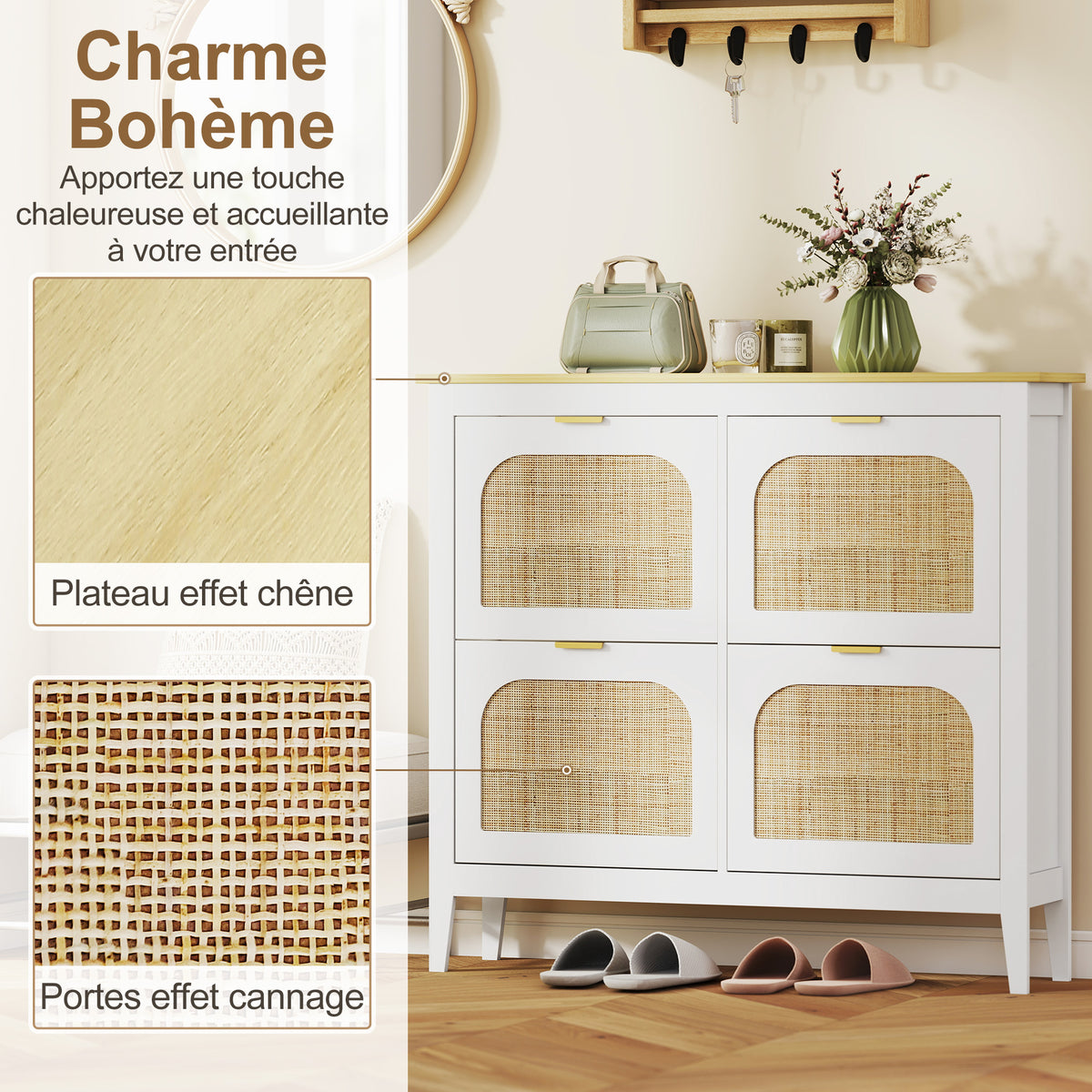Meuble à chaussures 20 paires bohème avec 4 tiroirs rabattables, portes effet cannage rotin, 105 x 24 x 95,5 cm, blanc-3