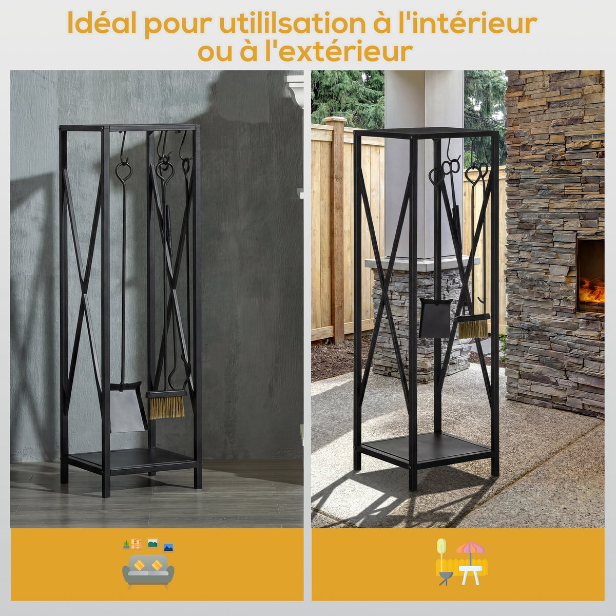 Porte bûches - Range bûches Serviteur de cheminée Colonne - Multi Accessoires dim. 34L x 34l x 111H cm métal Noir-4