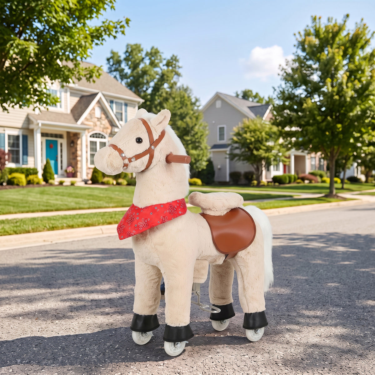 Cheval à bascule en peluche avec tête rotative, roues roulantes et sons de hennissement, dès 2 ans, marron clair-1