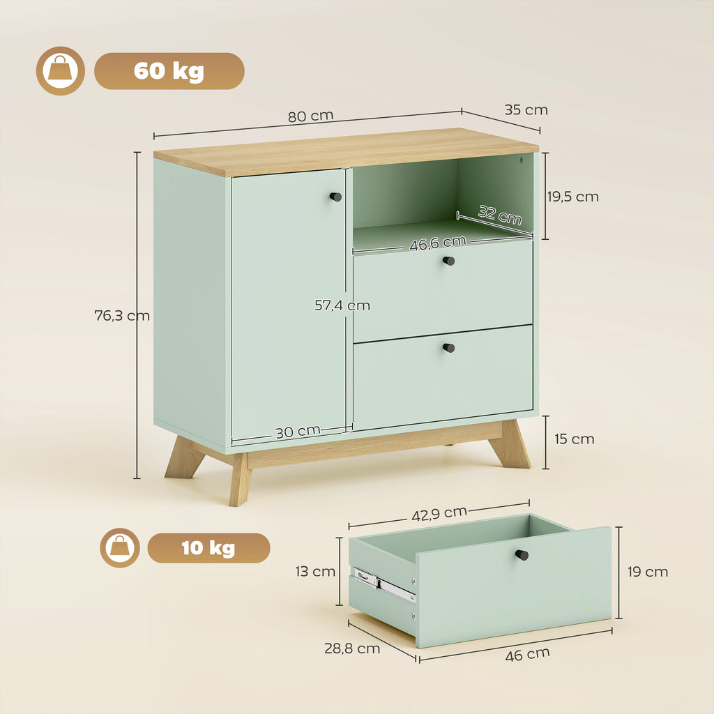 Buffet salon, meuble de rangement avec porte, 2 tiroirs, compartiment ouvert et étagère réglable, vert clair et chêne-2