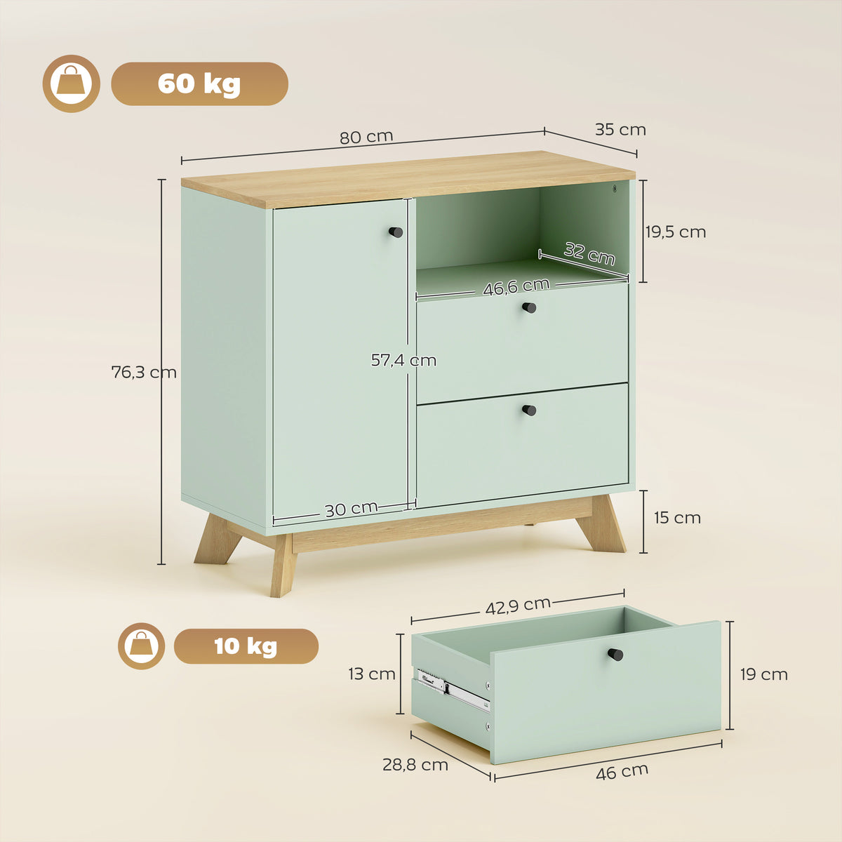Buffet salon, meuble de rangement avec porte, 2 tiroirs, compartiment ouvert et étagère réglable, vert clair et chêne-2