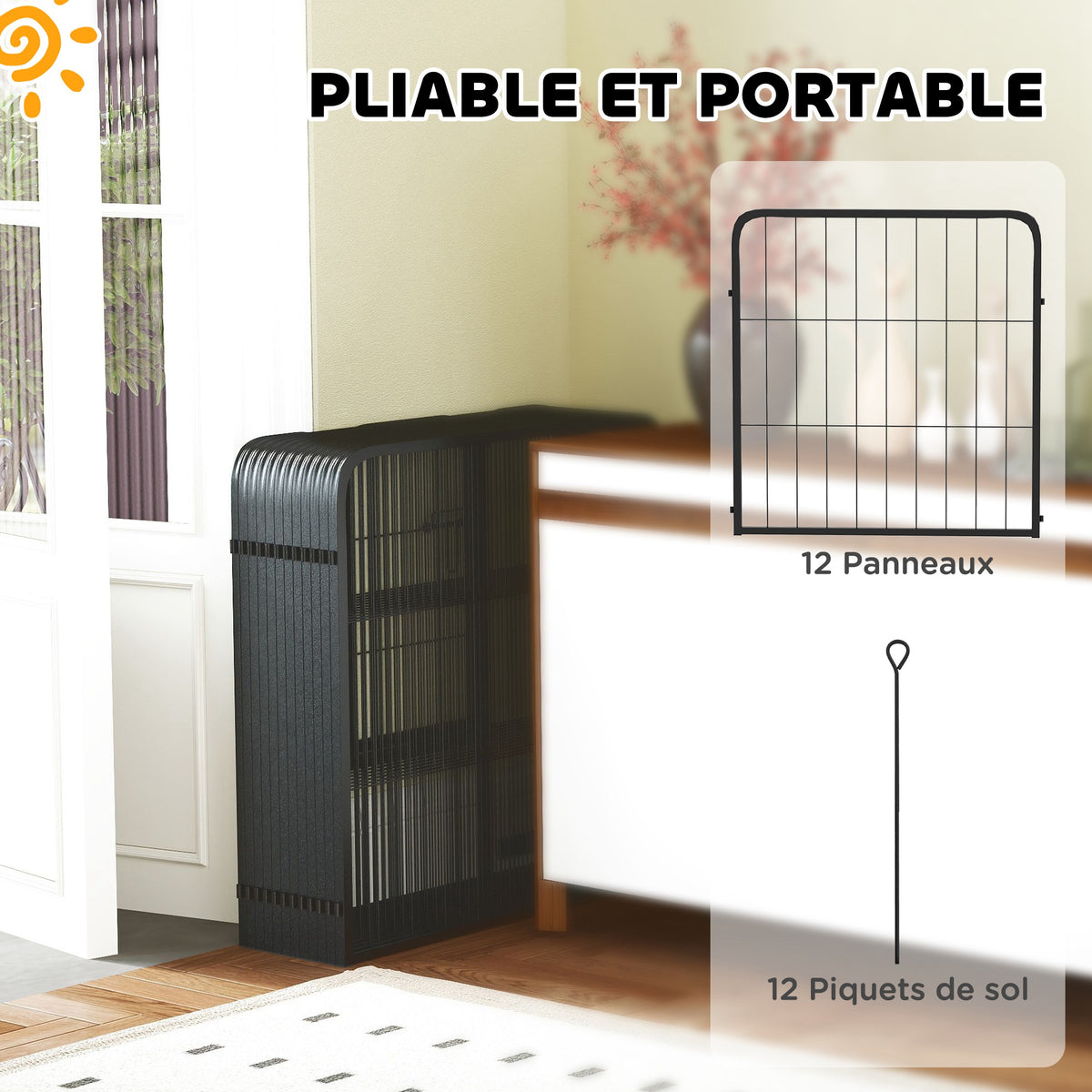 Parc pour chien enclos chien 12 panneaux modulable et pliable acier 2 portes pour chiot intérieur extérieur 60H cm noir-5