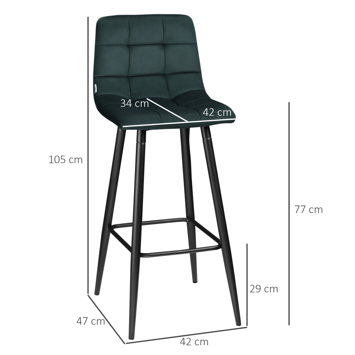 Lot de 2 tabourets de bar design surface en velours capitonné et pieds en acier hauteur 77 cm vert foncé-2