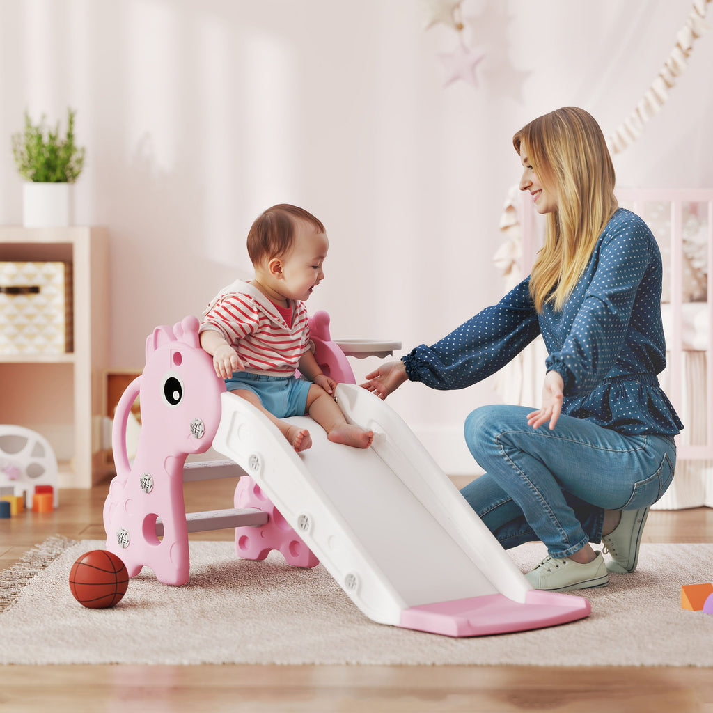 Toboggan pour enfants 3 en 1 en forme de girafe avec panier de basket, escalade et ballon, 106 x 51,5 x 52 cm, rose-1