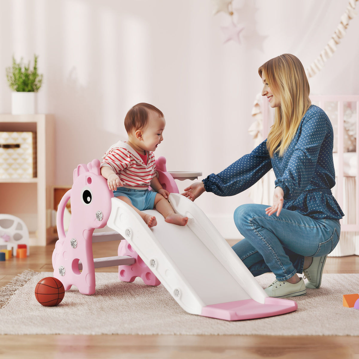 Toboggan pour enfants 3 en 1 en forme de girafe avec panier de basket, escalade et ballon, 106 x 51,5 x 52 cm, rose-1