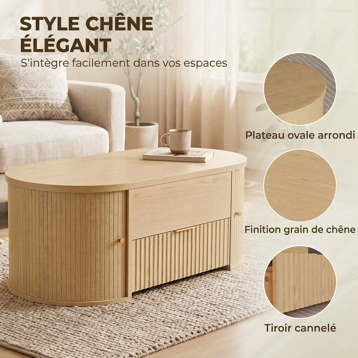Table Basse Relevable Ovale, Compartiment Caché, Tiroir Cannelé, Portes Coulissantes et Placards, 100x50x40cm, Chêne-6