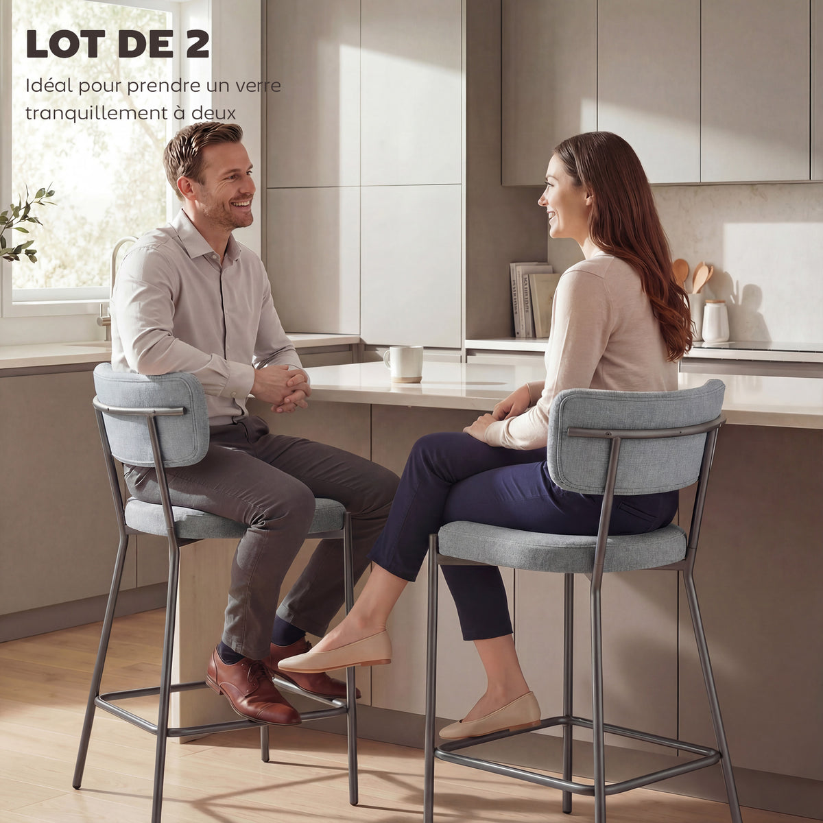 Lot de 2 tabourets de bar, chaises de bar, assise rembourrée, dossier courbé et repose-pieds, 49 x 53 x 93 cm, gris-3