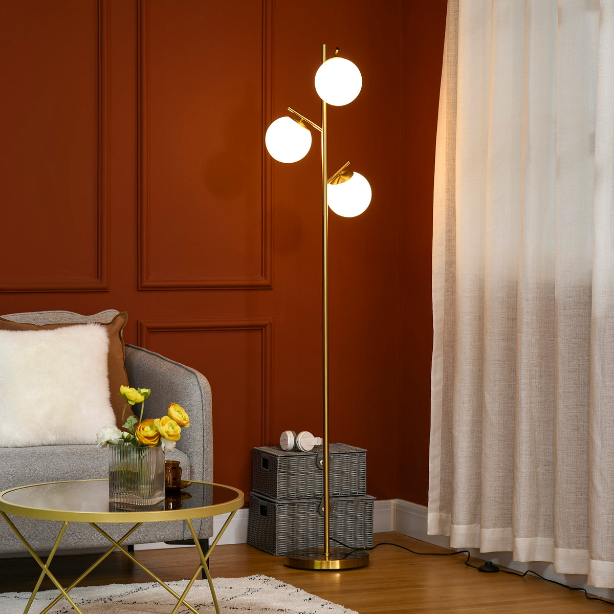 Lampadaire sur pied salon en métal avec 3 abat-jours globe blanc verre dépoli 40W Ø 27 x 169H cm doré-1