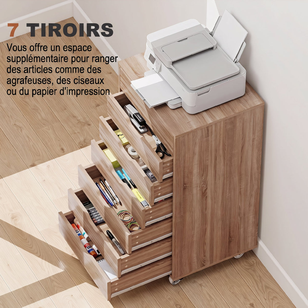 Caisson de bureau à roulette meuble rangement bureau avec 7 tiroirs organisateur pour documents, format A4 ou lettres-4