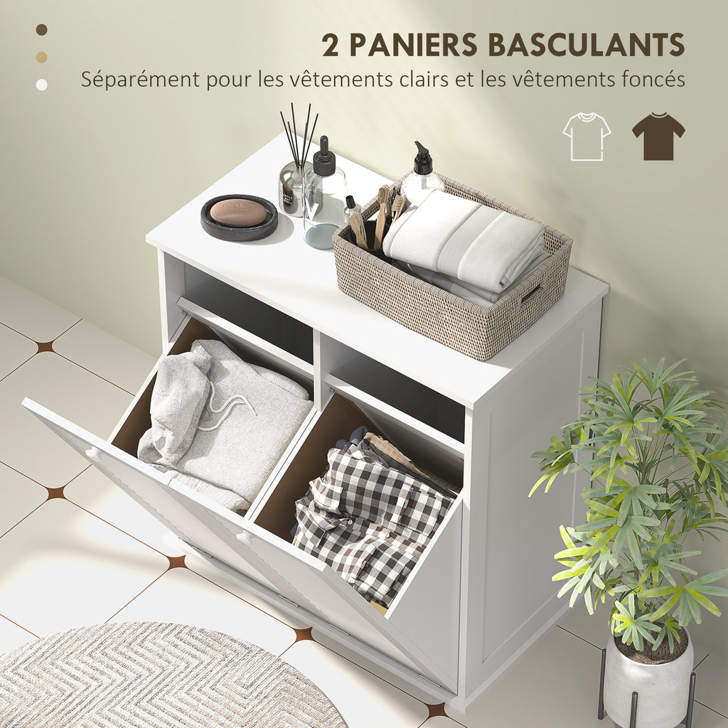 Meuble salle de bain avec panier à linge armoire salle de bain en bois portes persiennes 2 paniers 70 x 38 x 73 cm blanc-3